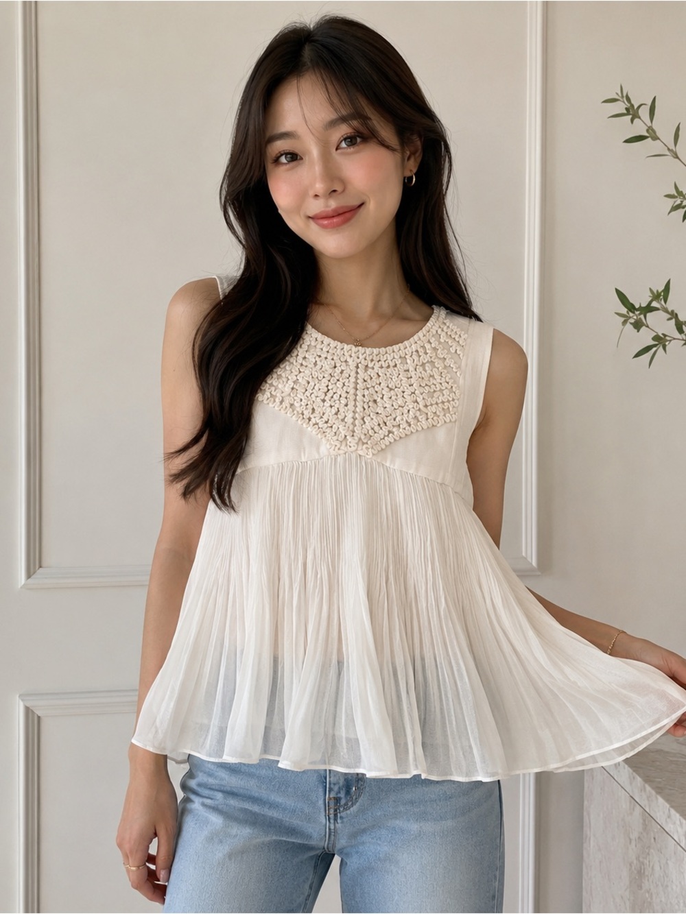 BCBG Runway Sleeveless Cream Crochet Yoke Pleated Top - Women - Size Medium